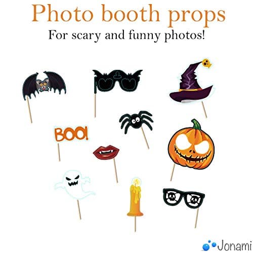 Jonami Deco Halloween Decoration Halloween - Happy Halloween Banderole Banniere, Guirlandes Citrouilles et Araignees, Photomaton Photoboot Props, Ballons Noir Orange avec Fantomes