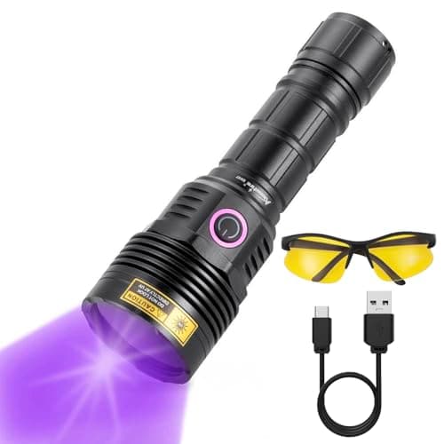 Alonefire SV47 12W Lampe Torche UV 365nm Rechargeable Longue Portée Ultraviolet Lumiere Noire Détecteur D'urine pour Resine, Pêche, Scorpion,Minéraux avec Lunettes de Protection UV, Batterie Incluse