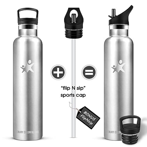 KollyKolla Gourde Isotherme 1L, Gourde Inox avec en Paille, Bouteille d'eau sans BPA, Réutilisable, Anti-Fuite, Bouteille Isotherme Acier Inoxydable pour Enfant, Adultes, Yoga, Sport - 2 Couvercles