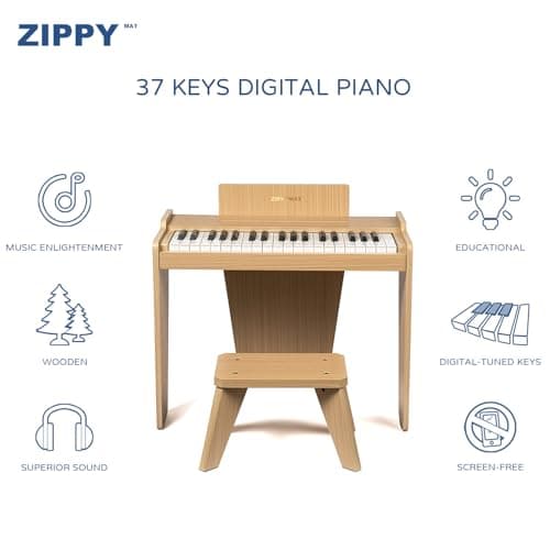 ZIPPY MAT Piano numérique pour enfants, 37 touches, instrument éducatif de musique, jouet en bois, pour filles et garçons (Chêne Basic)