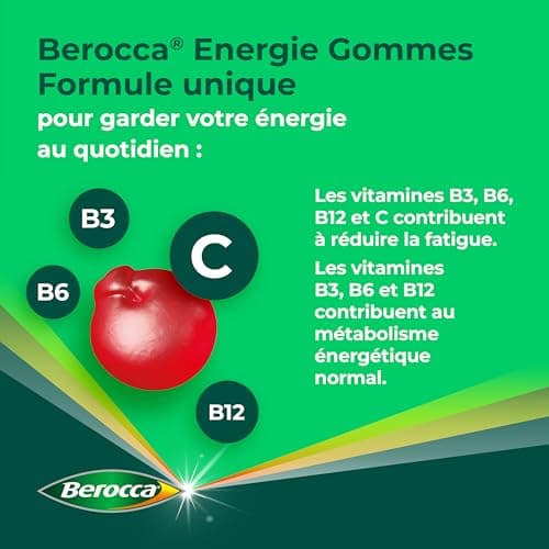 Berocca® Energie gommes - Multivitamines Complément alimentaire - Source de vitamines B* et vitamine C - Réduction de la fatigue, donne de l'énergie au quotidien - Goût Cerise - 3x60 gommes