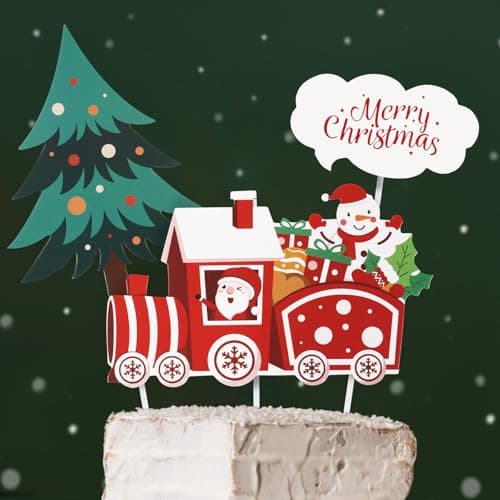 3Pcs Cake Topper Noël Garniture Gâteau Merry Christmas Motif Train Sapin Décoration Joyeux Noël avec Colle