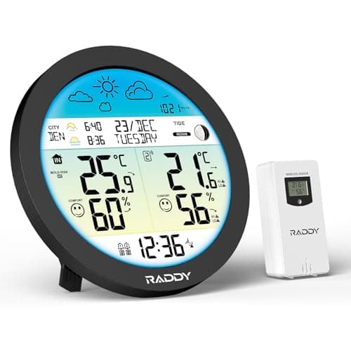 Raddy DT7 Station météo sans fil avec capteur à distance, thermomètre-hygromètre, stations météo avec grand écran couleur HTN, horloge DCF, double alarme, prévisions météo, alerte de gel