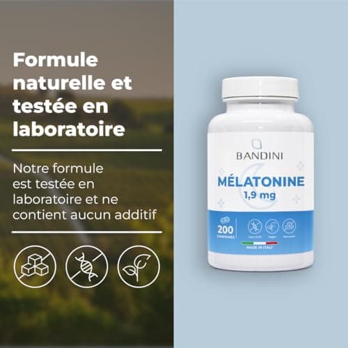 Bandini® Mélatonine 200 Comprimés, pure 1,9 mg Extra fort - Sommeil Rapide et Repos - Complément Alimentaire de Melatonine Hautement Dosée - Endormissement, Pour Dormir - Décalage Horaire et Jet Lag