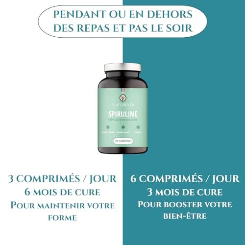 Spiruline - Naturever - Qualité supérieure, 100% pure et naturelle, sans excipients, séchée à froid, 22% de Phycocyanine, 550 cpr Vegan 500mg, Protéine, Fer, Antioxydants - Conditionnée en France