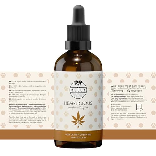 Belly Huile de Chanvre Chien & Chat - 100ml - Pressé à Froid - Riche en Omega 3 6 9, Vitamine E - Sommeil, Anti Stress Chien, Pelage Brillant, Système Immunitaire & Articulation Renforcé