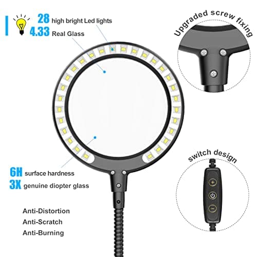 Loupe avec lumière à souder à la troisième main -Grossissement 3X -Lumière du jour -Avec lumière -Avec 28 LED à intensité variable-Base robuste-4 bras flexibles - Pour bricoler, souder, loisirs