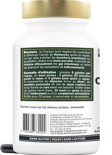 Charbon Actif Végétal BIO | Haute Concentration, 2000mg / Jour | 120 gélules de 334mg | Ballonnements, Flatulences | Qualité Supérieure, Français