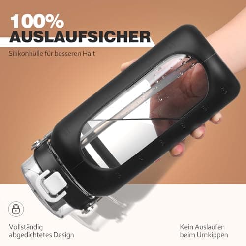 HYDRAGLAZIC 2L Verre Gourde avec paille et marqueur de temps Motivationnel Bouteille avec manchon en silicone Large bouche Borosilicate Cruche d'eau Sans BPA Anti-fuite, Noir