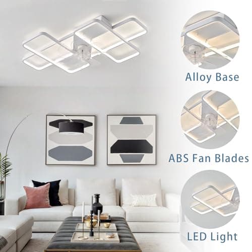 LED Plafonnier Ventilateur De Plafond APP Dimmable Réversible Grande Plafonnier Avec Ventilateur Et Télécommande Silencieux 6 Vitesses Lampe Ventilateur Intelligent Moderne 35inch Pour Chambre-White