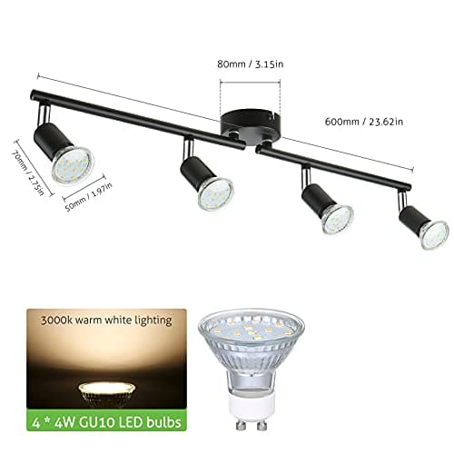 Tomshine Plafonnier LED 4 Spots orientables, noir 4 x 4W GU10 Barre Spot Plafond LED Eclairage intérieur pour Salon Salle à Manger