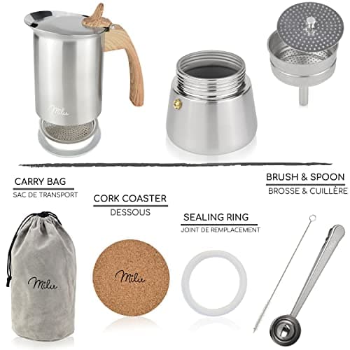 Milu cafetière Italienne Induction | 2 4 6 9 Tasses | Cafetière Moka en INOX, Espresso Maker Acier Inoxydable, Ensemble comprenant un sous-verre, une cuillère (Aspect bois, 6 tasses (300ml