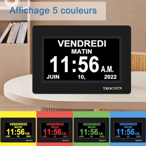 TROCOTN 7 Pouces Horloge numérique Horloge de Jour Grand écran réveil Horloge Murale (Noir)