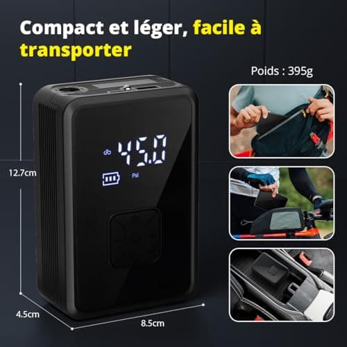 Oasser Gonfleur Pneus Voiture sans Fil Mini Compresseur à Air Portatif 150 PSI (10,3 Bar) Inflation Rapide Cylindre 17 mm Type-C USB Charge avec Tuyau de 30 cm et Sac de Rangement