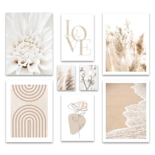 ARTFAVES® Ensemble d'affiches decoration murale - DOUCEUR BEIGE - 8 poster moderne - Salon et chambre Formes abstraites, herbe de pampa, fleur, beige, mer - sans cadre