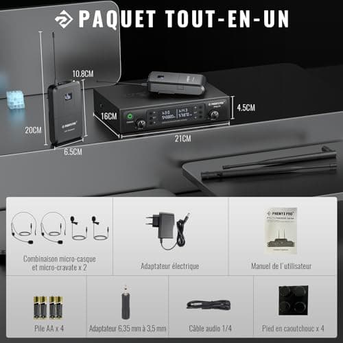 Phenyx Pro Système de Microphones sans Fil UHF, Auto-Scan avec 2x100 Fréquences, 2 Bodypacks & Casque/Micro lavalier sans Fil pour Parler, Chanter, église, DJ (PTU-71-2B)