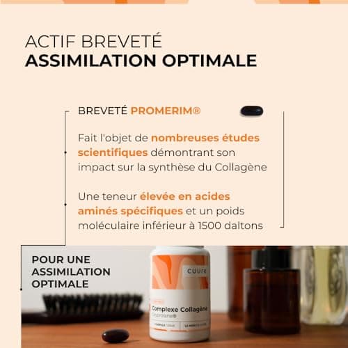 Complexe Collagène Marin Hydrolysé Breveté - CUURE - 45 Jours - 45 Gélules - Oméga 3, Vitamine C E et Astaxanthine- 1500 Dalton - Peau - Fabriqué en France