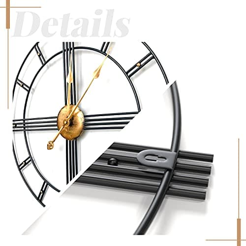 Yumyolk Horloge Murale Ronde, 60 cm, Silencieuse, Fonctionnement à Piles, Lunette Horloge Murale Ronde, 60 cm, Silencieuse, Fonctionnement à Piles, Noire, Aiguilles Or, Chiffres Romains Noirs