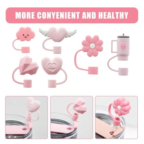 Ruzister Lot de 6 couvercles de paille en silicone compatibles avec Stanley Cup - Adorable embout de paille rose - Compatible avec les gobelets de 10 et 10 ml avec poignée - 10 mm
