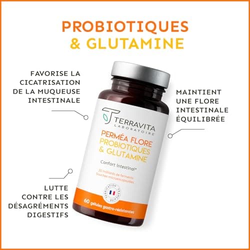 PERMEA FLORE | Probiotiques et Glutamine | Flore Intestinale et Cicatrisation de la Muqueuse | Idéal Contre la Perméabilité Intestinale | 60 Gélules Gastro-résistantes | Made in France | Terravita