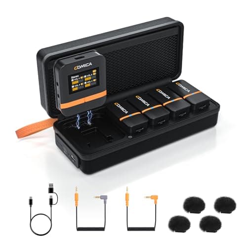 comica Vimo Q Micro Cravate sans Fil avec 4 émetteurs et 1 récepteur, CalMix Réduction de Bruit, Qualité Audio 48KHz/24bits, 16H Utilisation, 200M Portée, Micro Lavalier pour DSLR Caméra Smartphone PC