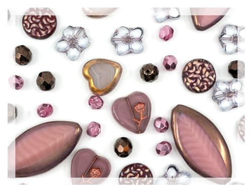 45+ pcs (60g) of Focal Glass Bead Mix with Table-Cut Flower and Butterfly Beads, PG Pink Purple