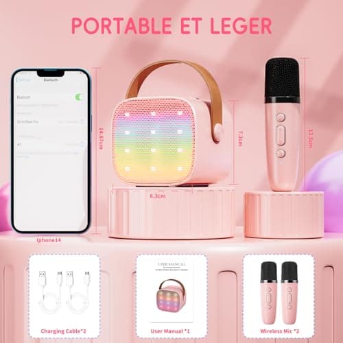 Ankuka Micro Karaoke Enfant sans Fil avec 2 Micro, Micro Karaoke Enfant, Cadeau Fille 4-12 Ans Anniversaire Jouet Fille, Mini Microphone pour Enfant Adulte Fille Rose