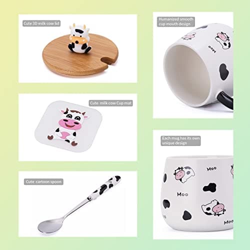 SHENDONG Tasse à café en forme de vache mignonne avec joli couvercle, dessous de verre et cuillère kawaii - Cadeau d'anniversaire pour femme, amoureux des vaches, filles et enfants