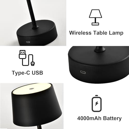 LQWELL® Lampe De Table LED Sans Fil Avec Batterie Tactile, Type C, Lampe De Chevet Rechargeable Par USB, IntensitÉ Lumineuse RÉGlable Pour Salon, Chambre À Coucher, Dîner, Hôtel, Restaurant