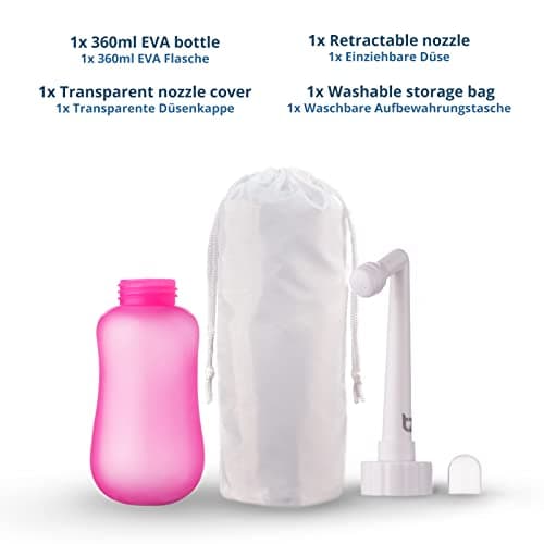 T2 Bouteille Périnéale - Bidet Portable Post-partum, Soulage Douleurs Périnée - Bouteille Compressible 360ml, Embout Coudé 60°, Sac Rangement Lavable - Trousse Maternité, Cadeaux pour Maman