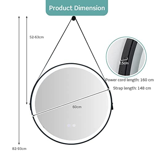 LIFEZEAL Miroir Salle de Bain Rond avec Fonction de Dégivrage, Miroir Cosmétique Mural avec Interrupteur Tactile Intelligent, Miroir Maquillage avec Lumière LED de 3 Couleurs, Diamètre 60CM, Noir