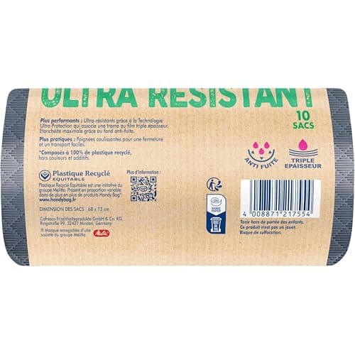 Handy Bag - Sacs poubelle à poignées coulissantes Ultra Résistant 50L x 10 sacs - Ultra Protection : trame et film triple épaisseur - Fond anti-fuite - Étanchéité maximale - 100% plastique recyclé
