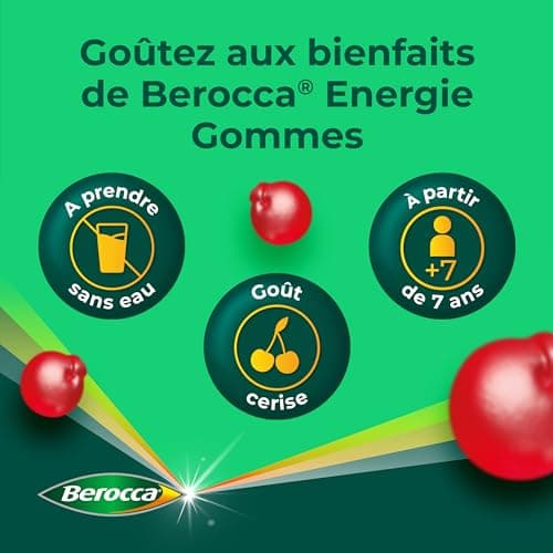 Berocca® Energie gommes - Multivitamines Complément alimentaire - Source de vitamines B* et vitamine C - Réduction de la fatigue, donne de l'énergie au quotidien - Goût Cerise - 3x60 gommes