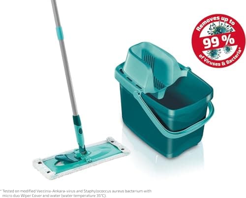 Leifheit Set Combi Clean M, seau et balai essoreur faciles d'utilisation, balais serpillière avec mécanisme d'essorage intégré, kit de lavage sol vert