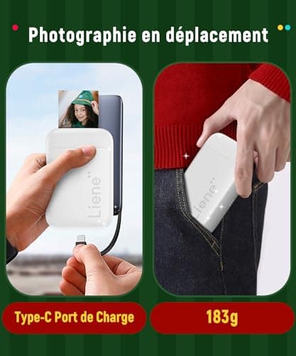 Liene Mini Imprimante, 2 x 3 Imprimante Photo Portable avec 50 Zink Papiers à Dos Collant, Bluetooth 5.0, Compatible avec iOS & Android, Application Dédiée, Imprimante Photo pour iPhone(Blanc)