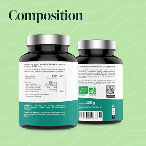 NOVOMA Spiruline 500 mg, 100% Pure Sans Excipient, Immunité & Anti-Fatigue, 19% de Phycocianine, Riche en Protéines, Minéraux & Vitamines, Conditionné en France, 500 Comprimés Vegan