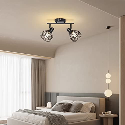 KYOTECH Plafonnier LED 2 Spots Pivotants & Orientables Rétro en Métal Noir Cage Spots de plafond Applique murale Noir Douille E14,Spot pour Cuisine Chambre Coucher,livré sans ampoules