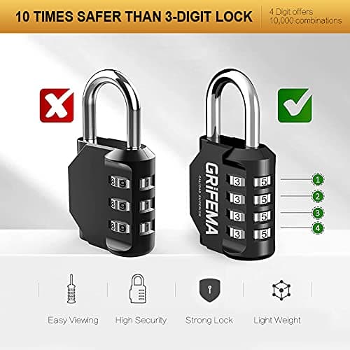 GRIFEMA GA1001-1, Cadenas Code 4 Chiffres - Cadenas de Sécurité Résistant Aux Intempéries, Cadenas à Combinaison pour Casier, Valise, Garage, Portail, École, Alliage de Zinc, Noir
