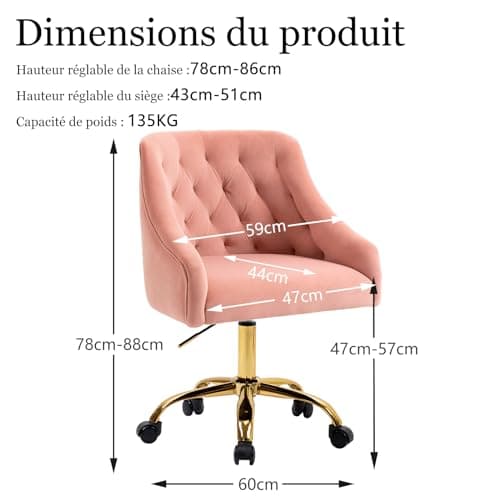 WOEOA Chaise de Bureau en Velours, Chaise pivotante Ergonomique, Chaise de Bureau à roulettes, réglable en Hauteur, pour Bureau, Chambre, Coiffeuse, jusqu'à 135 kg, Filles Femmes - Rose