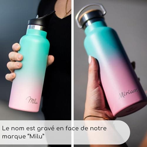 Milu Gourde en acier inoxydable avec gravure 350ml 500ml 750ml 1000ml (+3 couvercles) - Idée cadeau cadeau personnalisé avec prénoms Noël pour hommes femmes maman papa amis | (1000ml + gravure)