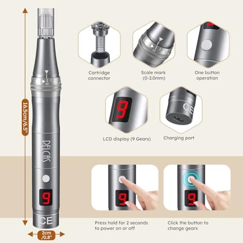PELCAS Dermapen avec 9 Vitesses, Microneedling Pen Professionnel Réglable de 0 à 2,0 mm avec Écran LCD et 12 Aiguilles, Microneedling Pen Sans Fil Pour le Visage et le Corps