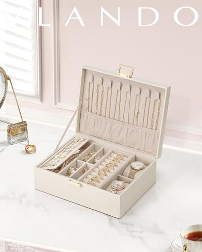 Vlando Boîte à bijoux en cuir à 2 niveaux pour femme et fille avec 2 coussins de montres, organisateur de bijoux, boîte à bijoux, idée cadeau, pour montres, bagues, boucles d'oreilles, colliers