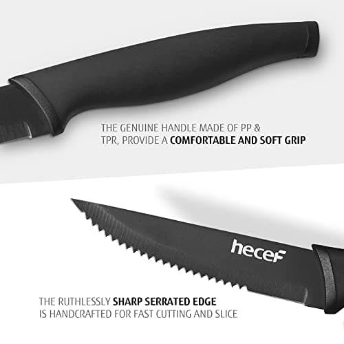 hecef Couteaux à Steak, 8 Pièces Couteaux de Table Aiguisés et Dentelés avec Manche Ergonomique, Set de Couteaux en Oxyde Noir, Couteau Viande en Acier Inoxydable, 12.7cm