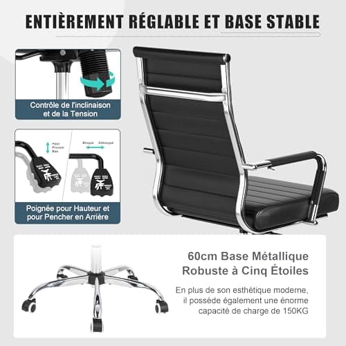 UEV Chaise de Bureau Ergonomique Kolumbus Cuir PU, Moderne avec roulettes et Accoudoirs, Hauteur Réglable, Pivotant Universel, Capacité de Poids jusqu'à 150kg, Noir