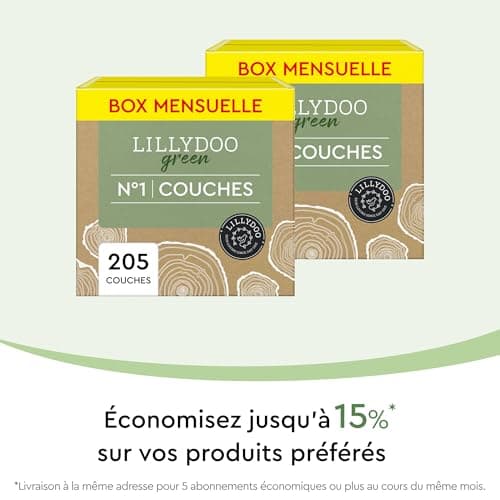 Couches LILLYDOO green respectueuses de l'environnement, Taille 1 (2-5 kg), Box mensuelle (205 Couches)