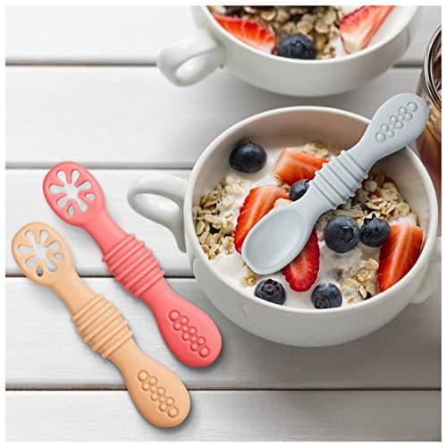 Vicloon Cuillères D'apprentissage pour Enfants et Bébé,3pcs Cuillere Bebe Apprentissage Ustensile D'apprentissage en Silicone Adapté à Dentition Première Étape Recommandé par Experts Sevrage