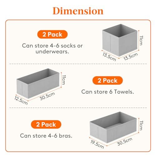 Lifewit Lot de 6 Organisateur Tiroir, Boite Rangement Vetement Pliable, Separateur Tiroirs en Tissu, Rangement sous Vetement, Panier Rangement Armoire pour Chaussettes, Cravates, Ceintures, Gris