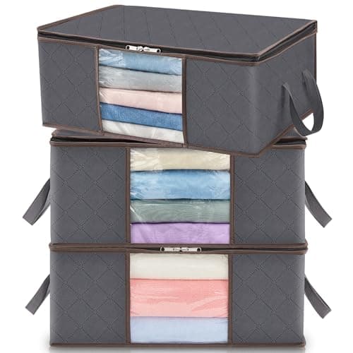 Lifewit Lot de 3 Sac de Rangement Vetement 35L, Boîte de Rangement sous lit Pliable, Housse Rangement Couette Organisateur de Placard, Fenêtre Transparente en Tissu Solide pour Les Vêtements, Gris
