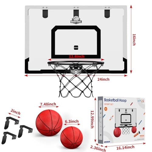 HYES 24" x 16" Panier de Basket Interieur pour Adultes et Enfants, Panier de Basket Chambre Kit avec 2 Ballons, Pompes, Jouet de Sport pour l'intérieur et l'extérieur