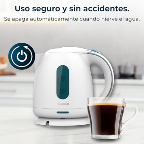 Cecotec Bouilloire électrique Thermosense 140 White. Bouilloire 1 L sans BPA, 2200 W, filtre anti-calcaire, base rotative 360o, sans fil et arrêt automatique pour un usage pratique et sûr.